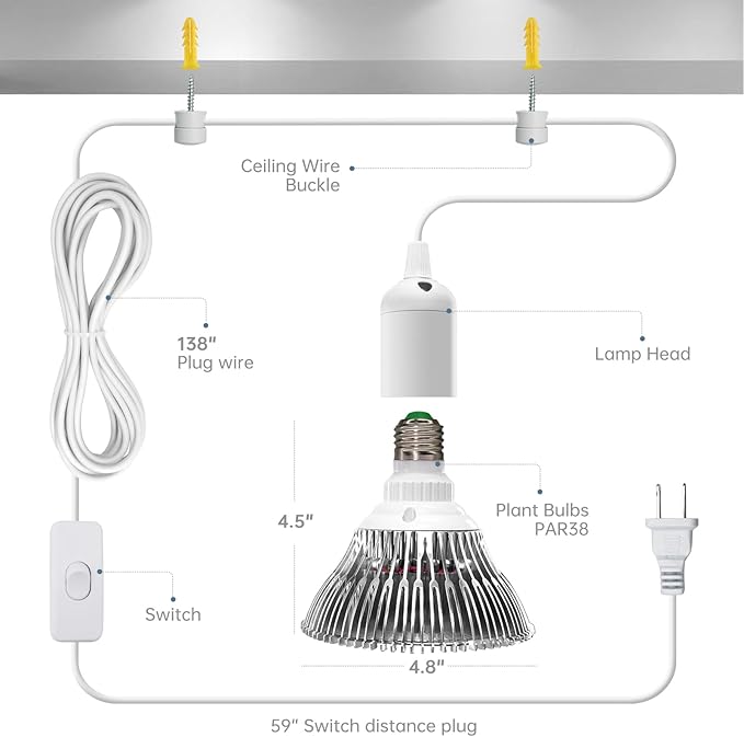 Bstrip LED Hanging Grow Light, Grow Light Bulb for Indoor Plants, 25W Full Spectrum Hanging Grow Light,3000K Plant Light Bulbs with 16.4FT Power Cord, Pendant Grow Lights for Indoor Plants, 1 Pack