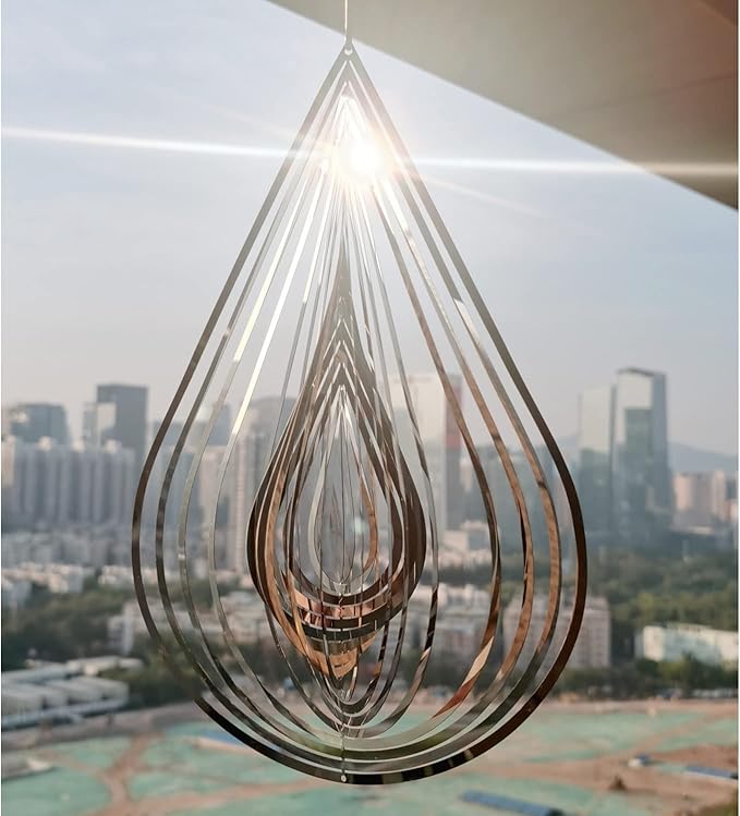 Wind Spinner Outdoor Metal Decorations, Silver Wind Spinners for Yard and Garden,3D Mirror Stainless Steel Hanging Wind Sculptur Chime Indoor Outdoor Garden Decoration Worth Gift (Drop)