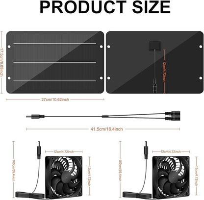 Solar Powered Fan Kit 12.6 Inch IPX7 Weatherproof, 15W Solar Panel with 2 Waterproof Fans, Intake or Exhaust Air Fan for Outside Backyard Chicken Coops, Greenhouses, Doghouse