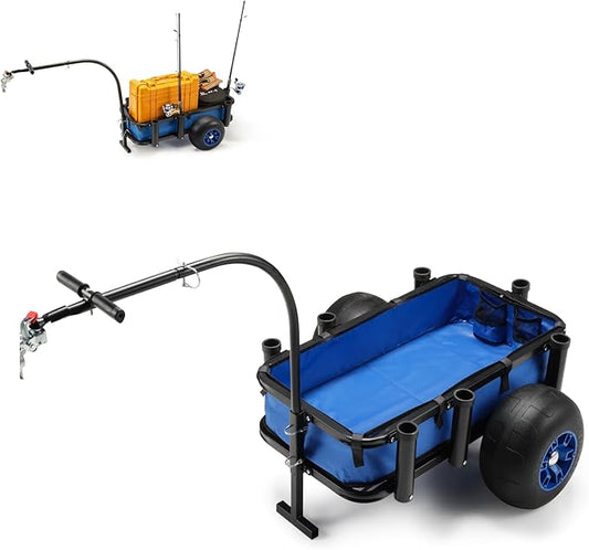 Beach Fishing Cart, 13" Big Wheels Black PU Solid Balloon Tires for Sand, Fishing Wagon Cart Large Capacity with 32-1/4" L x 16" W Liner and PP Plate, Heavy Duty Surf Cart w/Bicycle Hitch