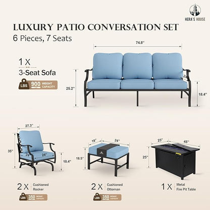 HERA'S HOUSE 6 Pieces Patio Furniture Set with Fire Pit Table, 2 x Rocking Chair, 2 x Ottoman, 3-Seat Sofa with 45" Fire Pit Table, Outdoor Conversation Set for Garden, Poolside, Backyard, Blue