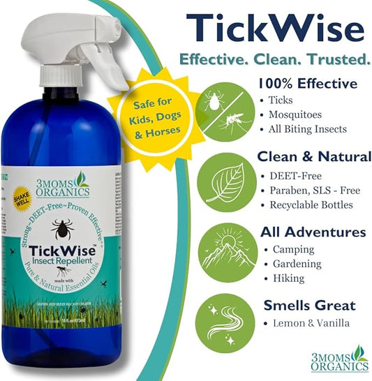 3 Moms Organics TickWise Insect Repellent, 32oz Extra Strength - DEET- Free, Tick and Insect Repellent, Plant Based Essential Oils, All Natural Ingredients, Safe for Kids, Adults, Dogs and Horses