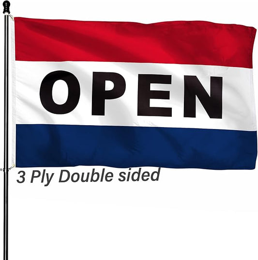 Open Flag for Business Sign 3x5 ft Outdoor, Double Sided 3 Ply Heavy Duty Flag for Businesses, 100% Quality Polyester Vibrant Color Fade Resistant Banner with Brass Grommets 4 Rows Stitches