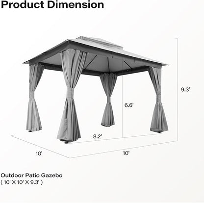 Outdoor Patio Gazebo 10FT, Heavy Duty Party Tent & Shelter with 2-Tier Roof and Expansion Bolts, Mosquito Nettings and Privacy Screens for Backyard, Garden, Poolside, Gray