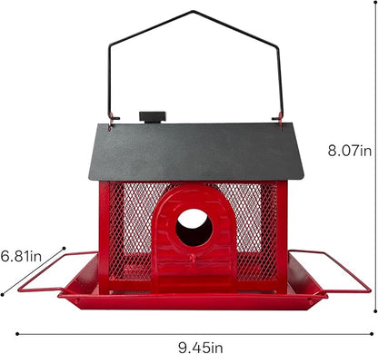 Bird Feeder House for Outdoors – Red Metal Hanging Bird Feeder, Decorative Bird House Feeder for Cardinals, Finches, and Wild Birds, Weatherproof Backyard Garden Decor