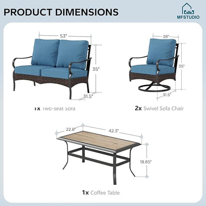MFSTUDIO 4 Pieces Outdoor Patio Furniture Set, Metal Outdoor Conversation Set, Rattan Wicker Patio Sectional Sofa Set with 2 x Swivel Single Sofa, 2-Seat Sofa, 1 x Coffee Table, Navy Blue