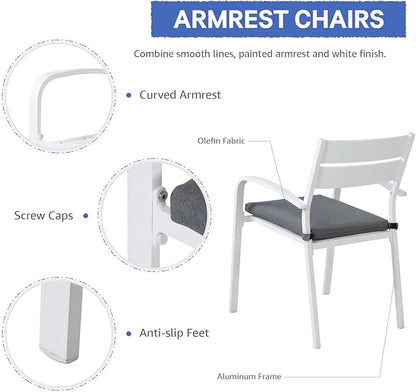 Soleil Jardin Outdoor Aluminum 4-Piece Patio Dining Chairs with Cushions, Stackable Bistro Chairs for Balcony, Garden, Backyard, White Finish & Grey Cushion