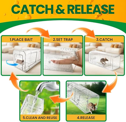 Humane Mouse Trap, No Kill Live Catch and Release Mouse Traps for Small Rat Rodent, Mousetrap Catcher Indoor and Outdoor, Easy to Use & Clean Reusable and Release Mice, 2PCS