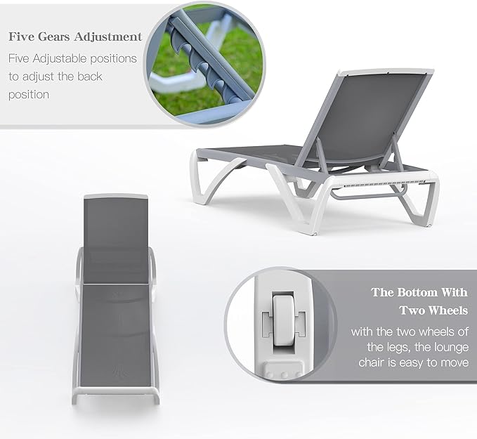 Domi Outdoor Lounge Chair, Aluminum Patio Chaise Lounge with 5 Position Adjustable Backrest and Wheels, All Weather Reclining Chair for Patio, Yard, Balcony, Poolside (Grey)