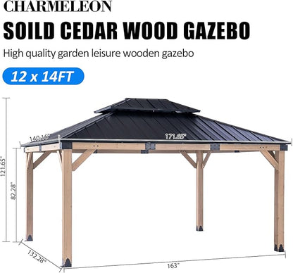 CHARMELEON 12x14 Cedar Wood Gazebo,Heavy Duty Patio Gazebo with Metal Roof,Permanent Hardtop Gazebos Pavilion for Backyard,Outdoor,Deck,Garden,Porch