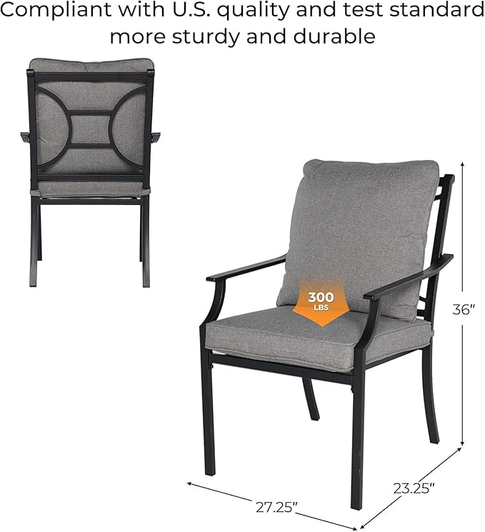Grand patio Dining Chairs Set of 2，Outdoor Fixed Patio Dining Chairs Set of 2，Fixed Dining Chair，Outdoor Dining Chairs with Grey Cushions, Patio Chairs for Outside, Garden Lawn Porch, Backyard