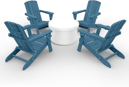 Folding Adirondack Chair Wood Texture 4 Pack, HDPE All-Weather Fire Pit Chairs, Plastic Adirondack Chairs with 2 Cup Holder, Outdoor Lawn Chair for Patio Garden (Navy Blue)