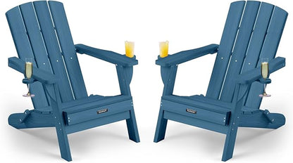 Folding Adirondack Chair Wood Texture 2 Pack, HDPE All-Weather Fire Pit Chairs, Plastic Adirondack Chairs with 2 Cup Holder, Outdoor Lawn Chair for Patio Garden (Navy Blue)