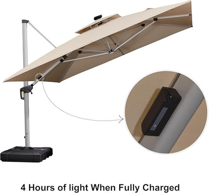 PURPLE LEAF 11 Feet Solar Powered LED Square Cantilever Umbrella With Base Patio Umbrellas Windproof Hanging Umbrella Outdoor Umbrellas Offset Umbrellas, Beige