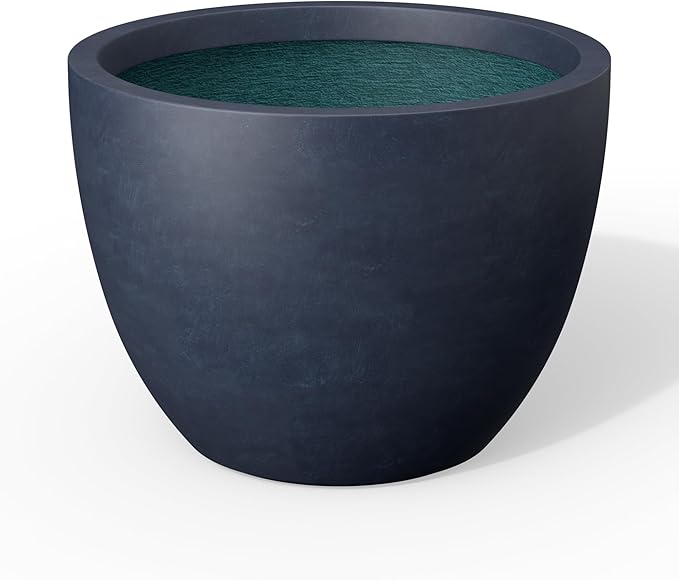 Kante 14.2 Inch Round Concrete Planter - Classic Large Indoor/Outdoor Plant Pot with Drainage Hole and Rubber Plug, Suitable for Gardens and Patios, Charcoal Finish with Forest Green Interior