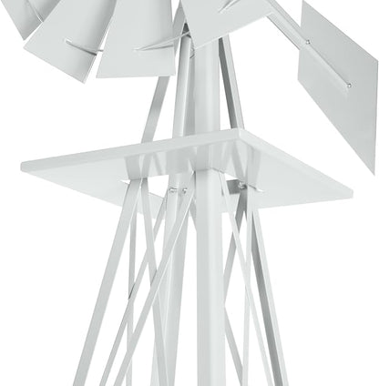 8FT Windmill for Yard Garden Decoration with Weather Vanes，Heavy Duty Outdoor Wind Mills, Large Metal Outdoor Windmill,Weather Resistant,White