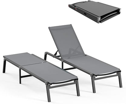 Patio Chaise Lounge Chair, Foldable Lounge Chair for Outside, Aluminum Chairs Set of 2 with 5 Adjustable Backrest, Outdoor Pool Lounger for Poolside, Lawn, Deck, Grey