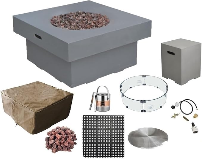 AMS Fireplace | Modeno Branford Package | Light Gray Liquid Propane Gas Fire Pit Table for Outside Patio Bundle with Tank Cover, Wind Guard & SS Burner Lid | Free Ice Bucket & Rubber Mat