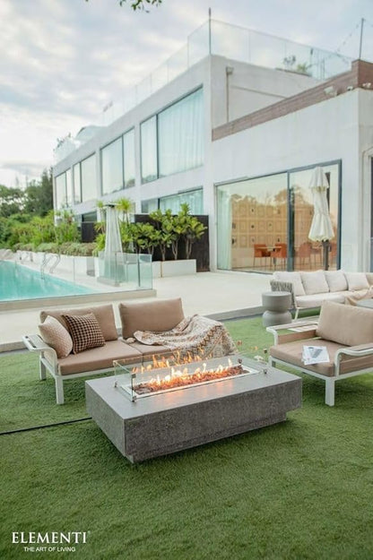 Elementi | Bundle Hampton Gas Fire Pit Cast Concrete 56" Rectangular Fire Table, Outdoor Fire Pit Electronic Ignition | Canvas Cover, Lava Rock Included | Light Gray (Natural Gas)