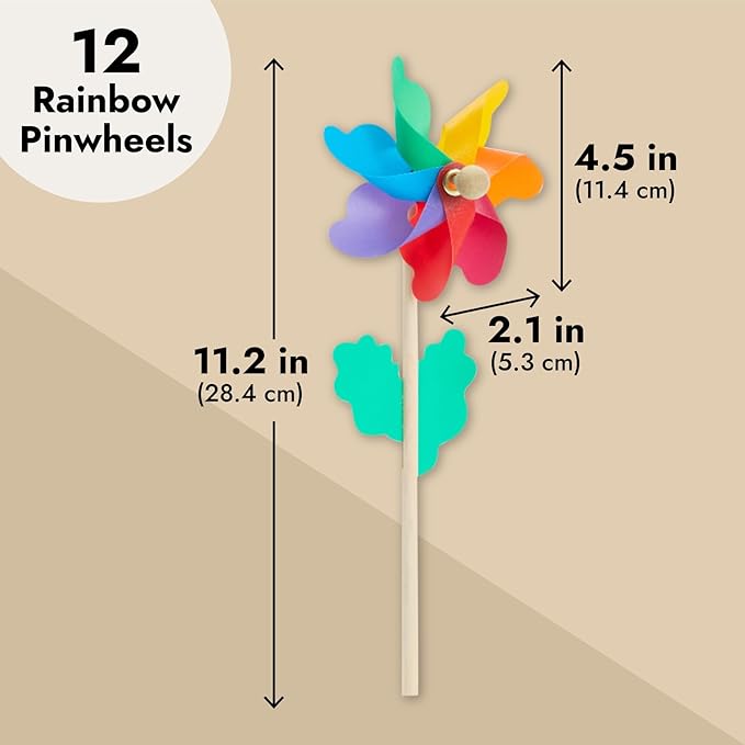 Blue Panda 12-Pack Rainbow Flower Pinwheels for Yard and Garden - Wind Spinners and Outdoor Party Favors for Kids, Pride and Birthday Decorations - Windmill for Yard - Pinwheels for Kids
