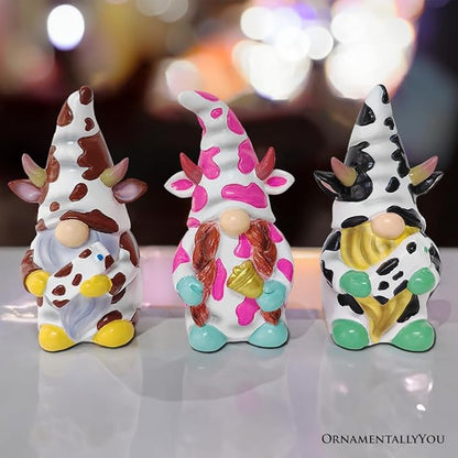 Spring & Summer-Themed Garden Statues – Adorable Outdoor Decor for Lawn, Patio & Porch (Cow Gnome Trio Mini Statue Set of Three, 5" Miniature Figurine and Unique Farm Resin Garden Statue)