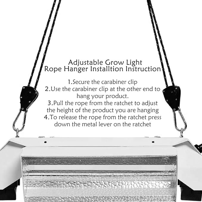 4 Pairs 1/8 Inch Adjustable Heavy Duty Ratchet Hanger Grow Light Fixtures Rope Clip Hangers Hanging Ropes for Gardening Grow Plant Fan Reflectors Filter Tent,150lbs Weight Capacity