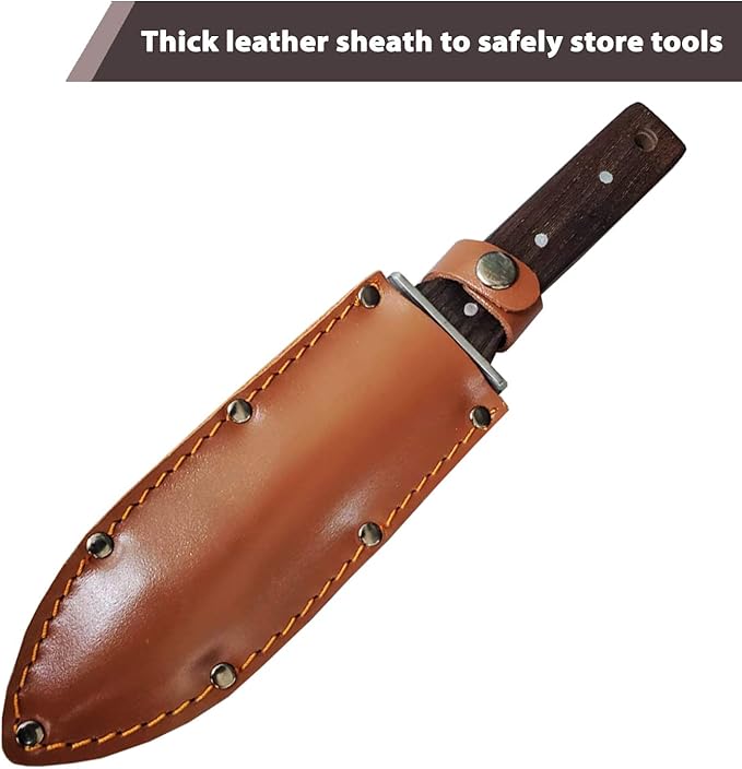 gonicc Professional Hori Hori Garden Knife with Leather Sheath, Protective Handguard, High polished 440 Stainless Steel Blade, Sharpening Stone Included, for Weeding, Digging, Pruning, and Cultivating