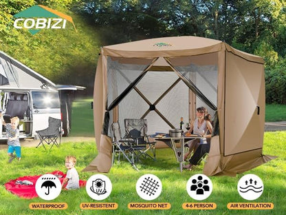 COBIZI 10x10 Pop up Gazebo Screen House Tent for Camping, Pop-up Camping Canopy with Sidewalls, Portable Outdoor Quick-Set Hub Tent with Carrying Bag&Ground Stakes, Khaki(Upgraded 2.0)