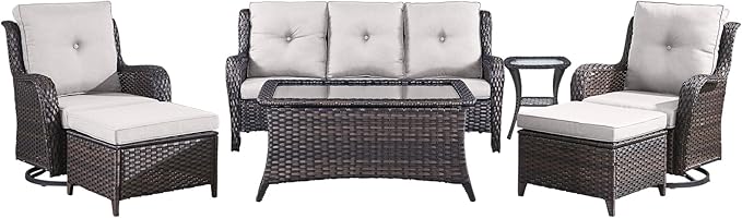 Wicker Patio Furniture-7 Pieces Rattan Patio Furniture Set Outdoor Patio Couch with Swivel Patio Chairs Ottomans and Coffee Table for Deck Poolside Backyard-Brown/Beige