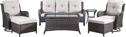 Wicker Patio Furniture-7 Pieces Rattan Patio Furniture Set Outdoor Patio Couch with Swivel Patio Chairs Ottomans and Coffee Table for Deck Poolside Backyard-Brown/Beige
