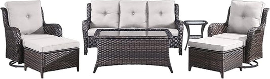 Wicker Patio Furniture-7 Pieces Rattan Patio Furniture Set Outdoor Patio Couch with Swivel Patio Chairs Ottomans and Coffee Table for Deck Poolside Backyard-Brown/Beige