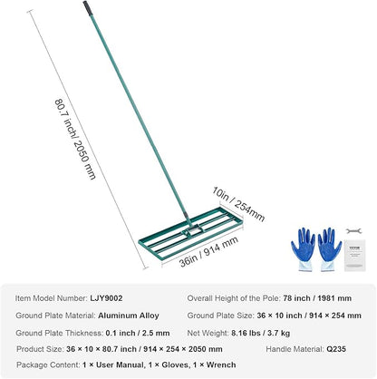 VEVOR Lawn Leveling Rake, 36“ x10 Level Lawn Tool, Heavy-Duty Lawn Leveler with 78"" Steel Extended Handle, Yard Leveling Rake Suit for Garden, Golf Lawn, Farm, Green