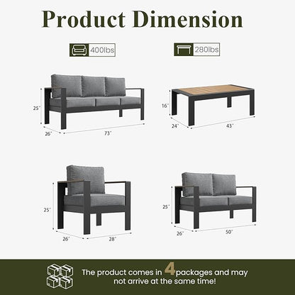 LayinSun 5 Piece Aluminum Outdoor Furniture Set with Coffee Table, Outside Patio Deep Seating Conversation Set with Upgraded Washable Thick Cushion