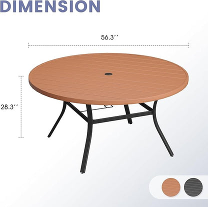 VICLLAX Outdoor Patio Round Dining Table, 56.3"x 56.3" Plastic Tabletop for Deck Lawn Garden Backyard, Walnut