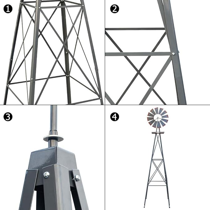8FT Windmill for Yard Garden Decoration with Weather Vanes，Heavy Duty Outdoor Wind Mills, Large Metal Outdoor Windmill,Weather Resistant,Gray