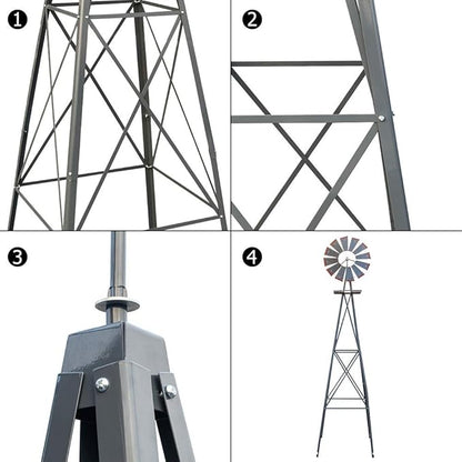 8FT Windmill for Yard Garden Decoration with Weather Vanes，Heavy Duty Outdoor Wind Mills, Large Metal Outdoor Windmill,Weather Resistant,Gray