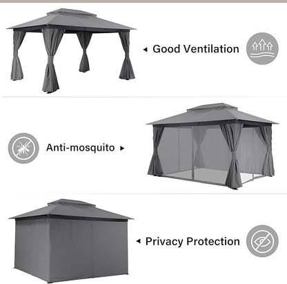 LAUSAINT HOME Outdoor Patio Gazebo 10'x13' with Expansion Bolts, Heavy Duty Party Tent & Shelter with Double Roofs, Mosquito Nettings and Privacy Screens for Backyard, Garden, Lawn, Smoke Grey