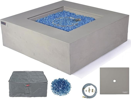 Elementi+ | Capertee Gas Fire Pit Cast Concrete 40" Square Fire Table, Outdoor Fire Pit Electronic Ignition | Canvas Cover, Fire Glass and Burner Lid Included | Light Gray | Natural Gas