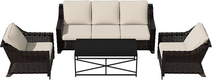 Vista Vibe 4 Pieces Outdoor Patio Conversation Furniture Set - 78" 3-seat Sofa | 2 Chairs | Metal Coffee Table, Deep Seat Loveseat, Removable Cushions, PE Rattan Couch, Lawn (Brown/Beige)
