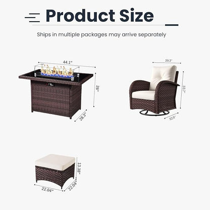 7 Pieces Patio Furniture Sets with Fire Pit Table, Wicker Rattan High Back Outdoor Swivel Rocking Chairs Set with Side Table
