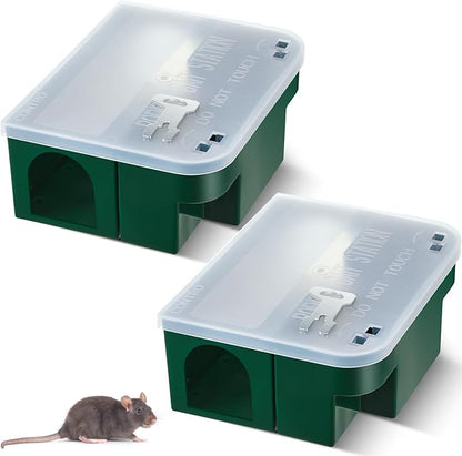 Qualirey 4 Pcs Rat Bait Station 8.86 x 7.28 x 3.62 in Rat Traps with Openable Lid, Blocks Boxes with Keys for Big Mouse, Keeps Children and Pets Safe Indoor & Outdoor, Bait Not Included (Clear,Green)