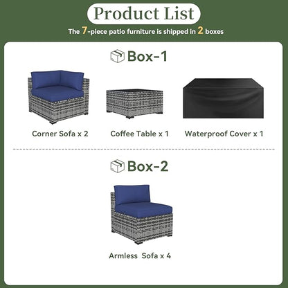 Aoxun 7 Piece Patio Furniture Set Wicker Rattan Patio Conversation Set Outdoor Sectional Sofa Set with Coffee Table and Thickened Cushions, Gray/Blue(Waterproof Cover Included)
