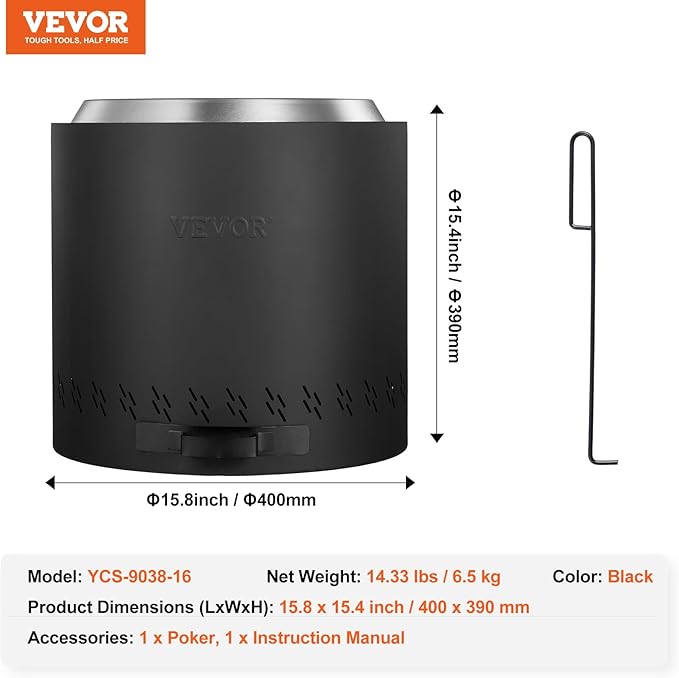 VEVOR 15.8 inch Smokeless Fire Pit Stove Bonfire, Wood Burning Fireplaces with Removable Ash Pan, SUS430 Stainless Steel Inner Portable Outdoor Firepit,for Outdoor Patio Camping High 15.4 inch