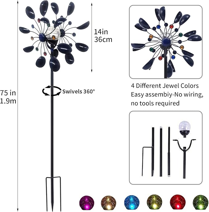 NUENUN Wind Spinner Outdoor Metal - Multi-Color Seasonal LED Lighting Solar Powered Glass Ball with Kinetic Wind Spinner Dual Direction for Patio Lawn & Garden (Coffee Ribbon Light)
