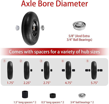 (2-Pack) 4.00-6 Wheelbarrow Tires, 13 Inch Pneumatic Tire and Wheel with 5/8" or 3/4" Bearings, 1.75"-5.75" Center Hub 4.00-6 Pneumatic Tire for Wheelbarrows, Trolleys, Garden Carts