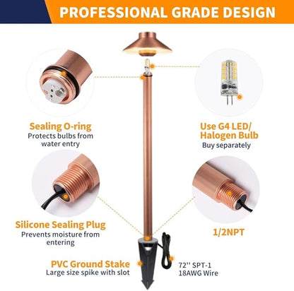 Gardenreet Brass Low Voltage Path Lights(Hat) Outdoor Waterproof IP65, 12v LED Copper Landscape Lights Wired Fixture for Walkway Driveway Garden Yard Without G4 Bulb(6 Pack)