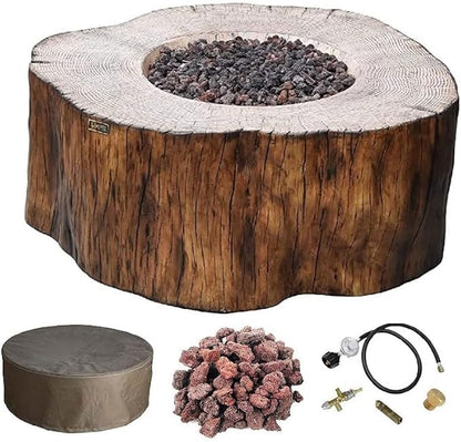 Elementi | Manchester Gas Fire Pit Cast Concrete Semi-Round Fire Table, Outdoor Fire Pit Electronic Ignition | Canvas Cover, Lava Rock Included | Red Wood (Propane Gas)