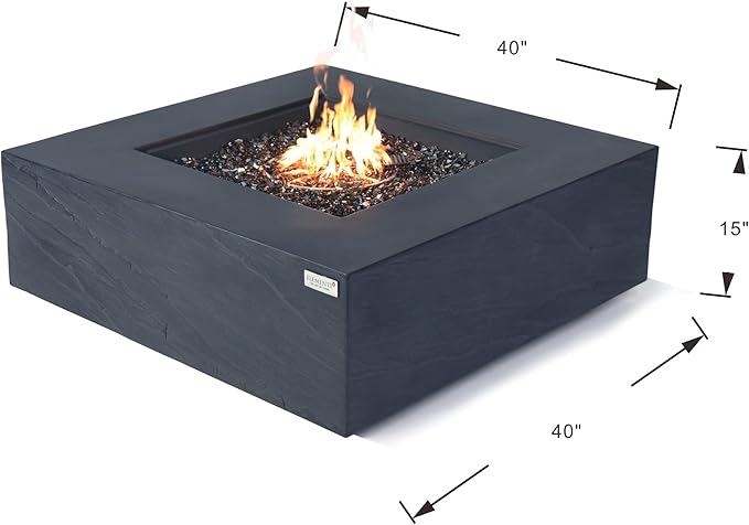 Elementi+ | Roraima Gas Fire Pit Cast Concrete 40" Square Fire Table, Outdoor Fire Pit Electronic Ignition | Canvas Cover, Fire Glass and Burner Lid Included | Dark Gray | Propane Gas