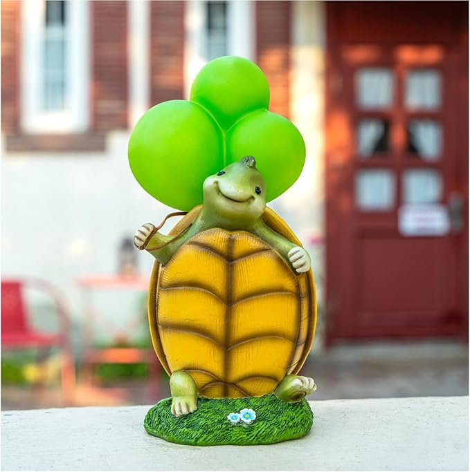 WHIMSYNOOK 10.2" Resin Turtle with Balloon Solar LED Garden Statue Light, Ideal for Porch, Lawn, Yard, Housewarming, or Birthday Gifts for Mom, Family, and Turtie Lovers