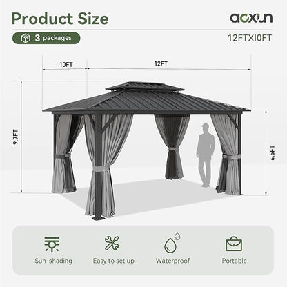 Aoxun 10'x12' Hardtop Gazebo, Aluminum Frame Canopy with Double Galvanized Steel Roof, Outdoor Metal Pavilion with Netting, Curtains for Backyard, Patio and Deck